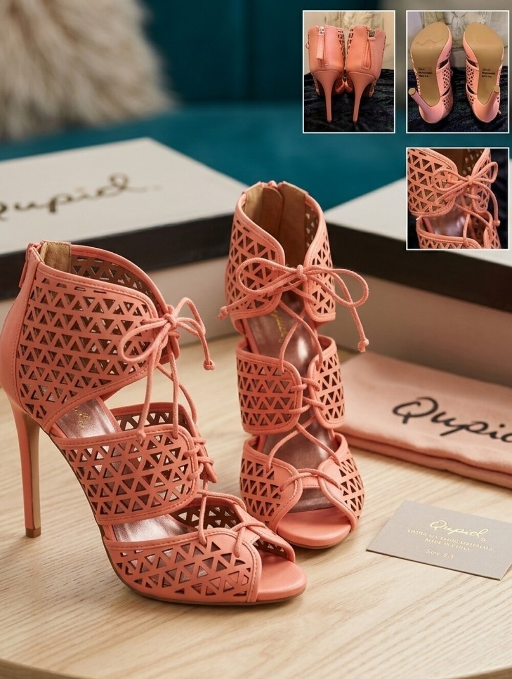 Stylish Pink Lace-Up Women's Heels Candy Peach Pink Caged Stilettos High Heels